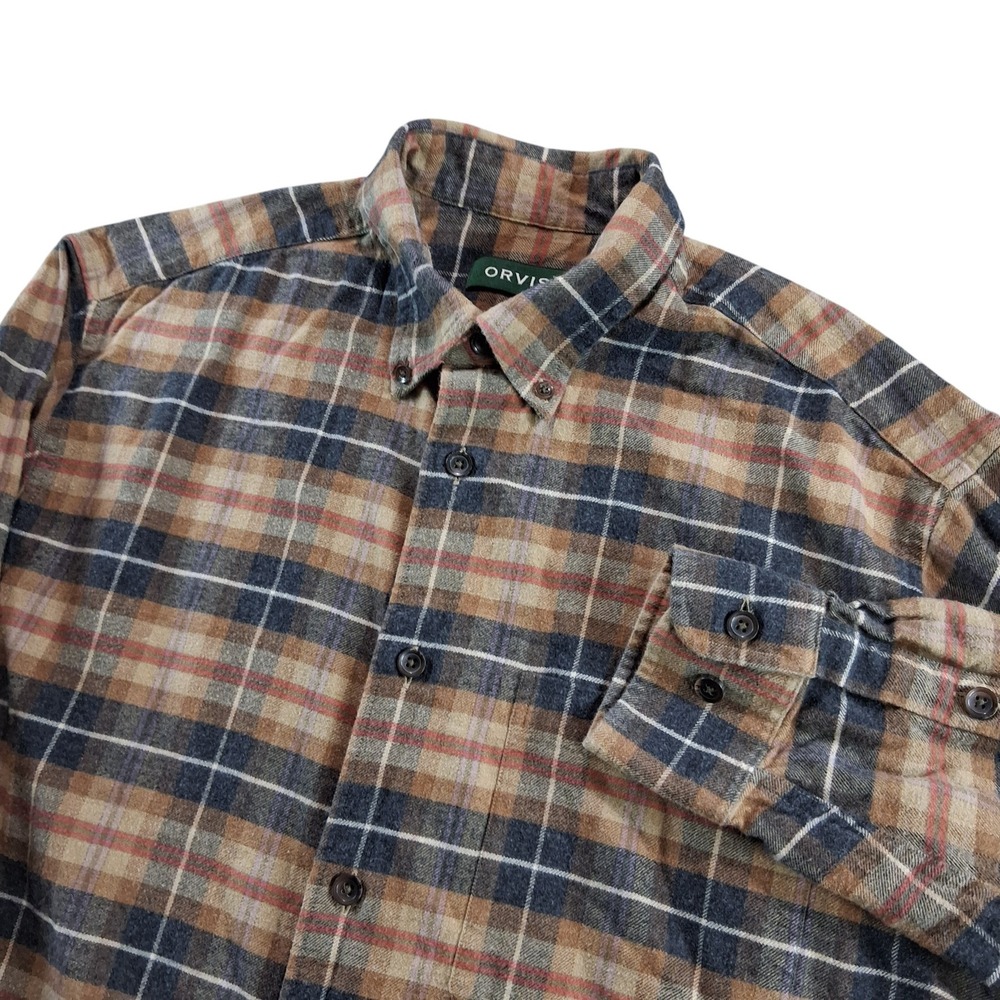Orvis Flannel Shirt Mens M Brown Plaid Button Down 100% Cotton Long‎ Sleeve